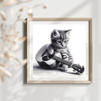 Poster Cute Kitten avec pochoir de guitare acoustique Por