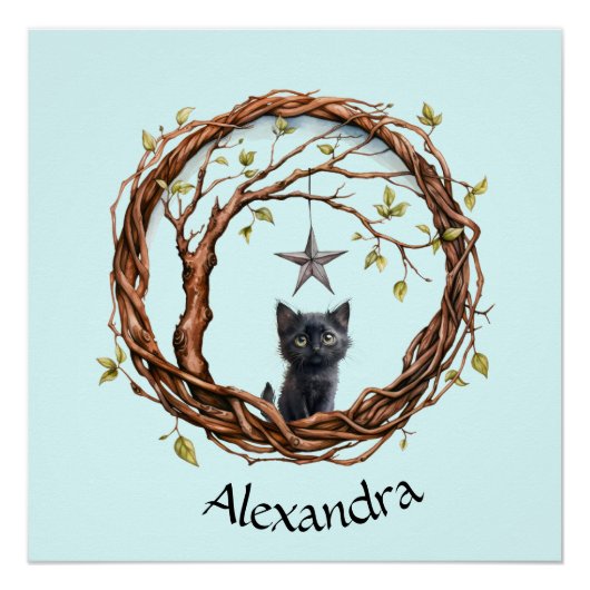 Poster Cute Kitten noir regarder une étoile (Devant)