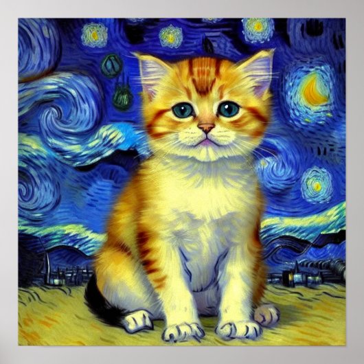 Poster Cute Kitten Starry Night Van Gogh (Devant)