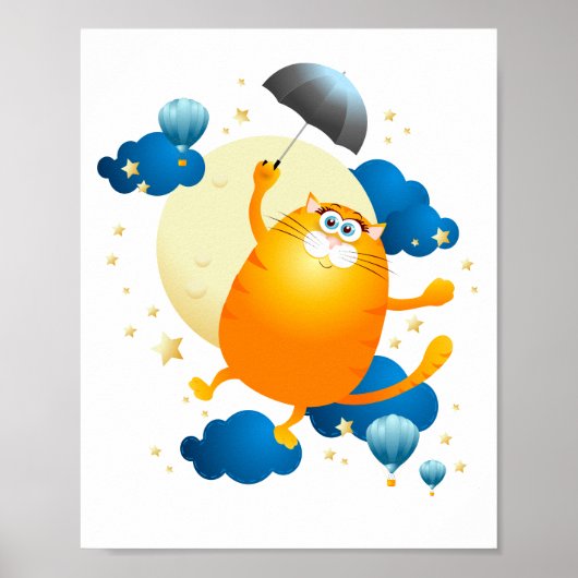 Poster Cute Kitten volant avec parapluie (Devant)