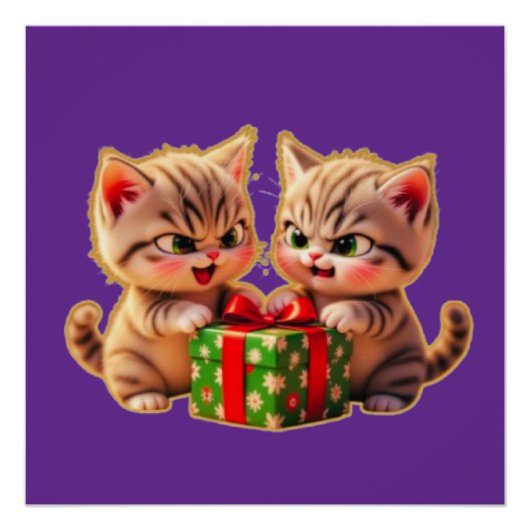 Poster **Cute Kittens Fighting Over a Gift – Funny Christ (Devant)