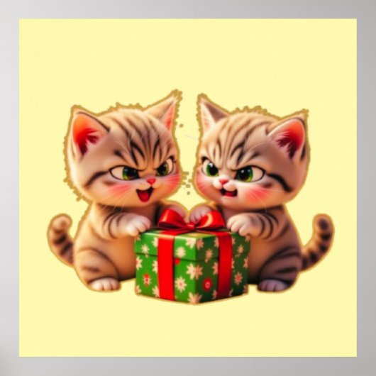 Poster **Cute Kittens Fighting Over a Gift – Funny Christ (Devant)