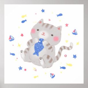 Poster Cute Kitty avec du poisson en été Illustration