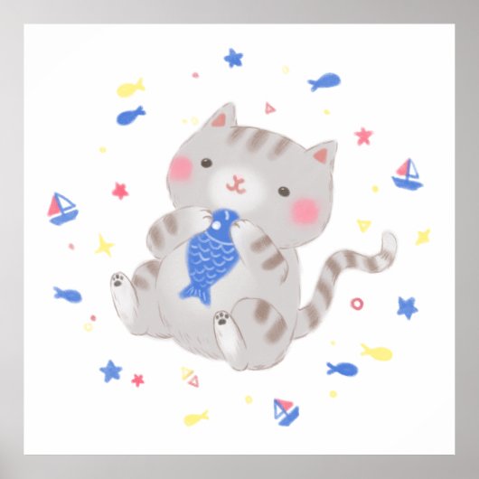 Poster Cute Kitty avec du poisson en été Illustration (Devant)