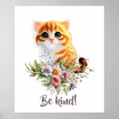 Poster Cute kitty regardant avec des fleurs d'aquarelle (Devant)