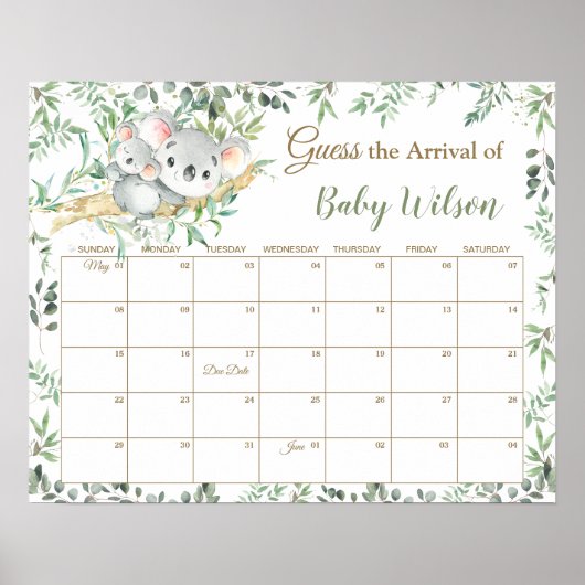 Poster Cute Koalas Greenery Guess Baby's due Date de Jeu (Devant)