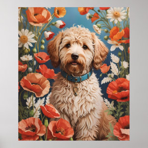 Poster Cute Labradoodle Daisy Et Fleur De Pavot