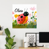Poster Cute Ladybug Wildflowers Girl's Name (Bureau à domicile)