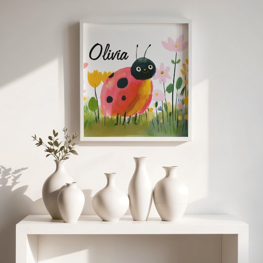 Poster Cute Ladybug Wildflowers Girl's Name