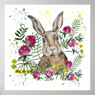 Poster Cute lapin en fleurs d'aquarelle