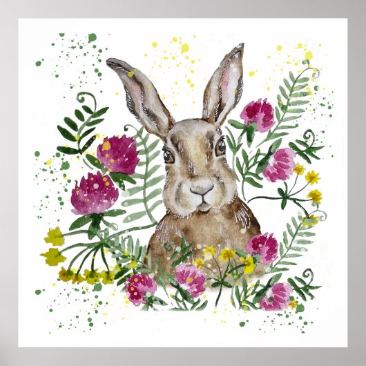 Poster Cute lapin en fleurs d'aquarelle (Devant)