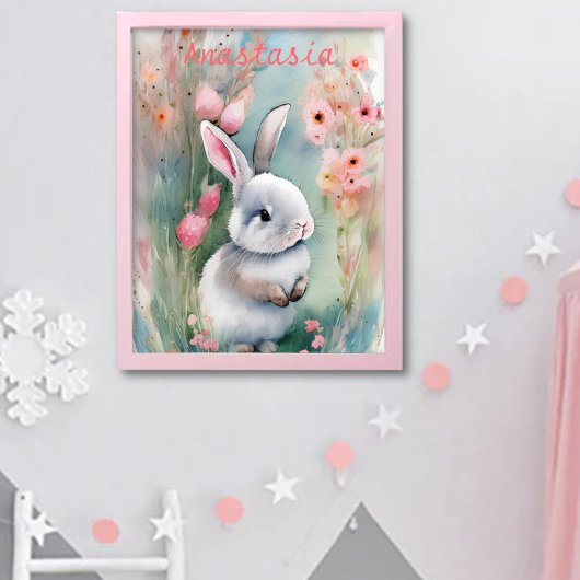 Poster Cute Lapin Lapin Pastel Aquarelle Fleurs de printe