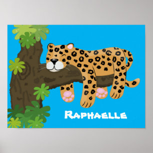 Poster Cute leopard sleeping cartoon illustration