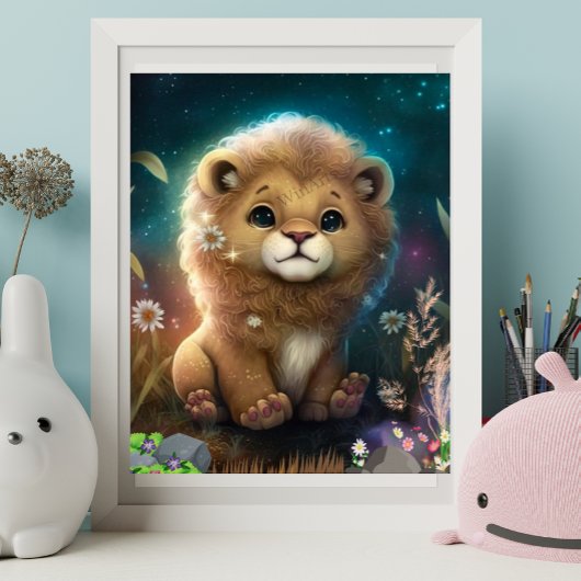 Poster Cute Lion assise sur un rocher Starry Night Art