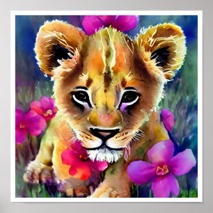 Poster Cute Lion Cub Entouré de Fleurs