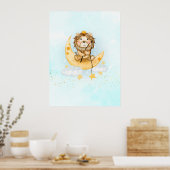 Poster Cute Lion Pêche sur l'aquarelle de la lune (Cuisine)