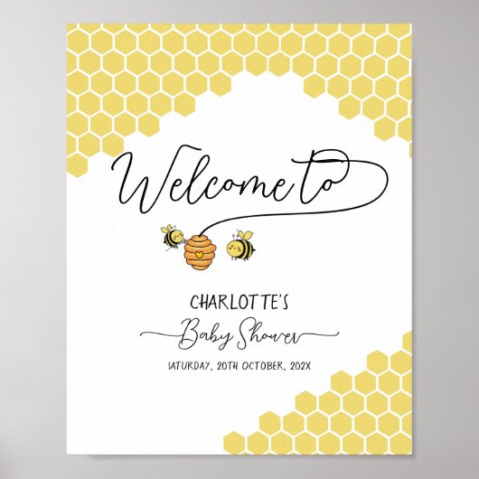 Poster Cute Little Bees Honeycomb Baby shower Bienvenue (Devant)
