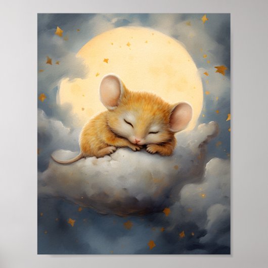 Poster Cute Little Mouse dormir sur un nuage (Devant)