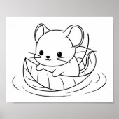 Poster Cute Little Mouse Leaf Boat Coloring Page (Devant)