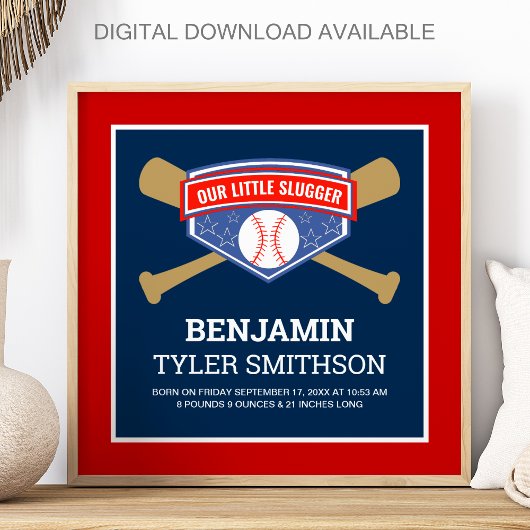 Poster Cute Little Slugger Baseball Baby Birth Stats