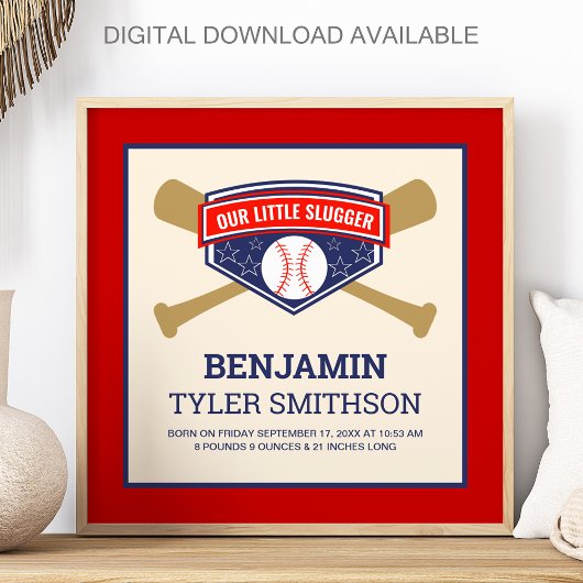 Poster Cute Little Slugger Baseball Baby Birth Stats