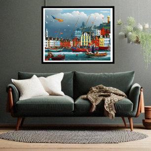 Poster Cute Little Ville touristique imaginaire portuaire