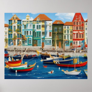 Poster Cute Little Ville touristique imaginaire portuaire