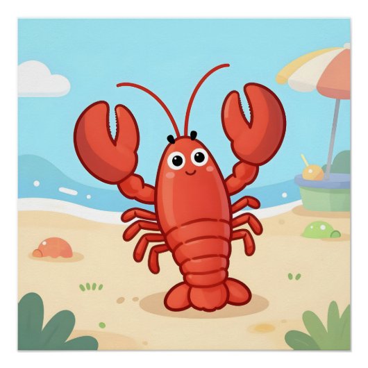Poster Cute lobster at the beach (Devant)