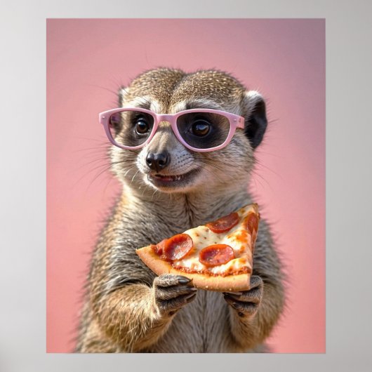 Poster Cute Meerkat avec lunettes et pizza (Devant)