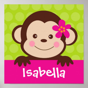 Poster Cute Monkey Nom personnalisé Art Imprimer fille En
