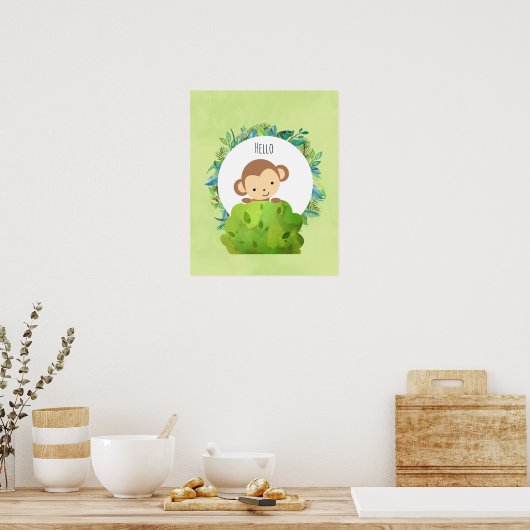 Poster Cute Monkey Peeking Out from Behind a Bush Hello (Cuisine)