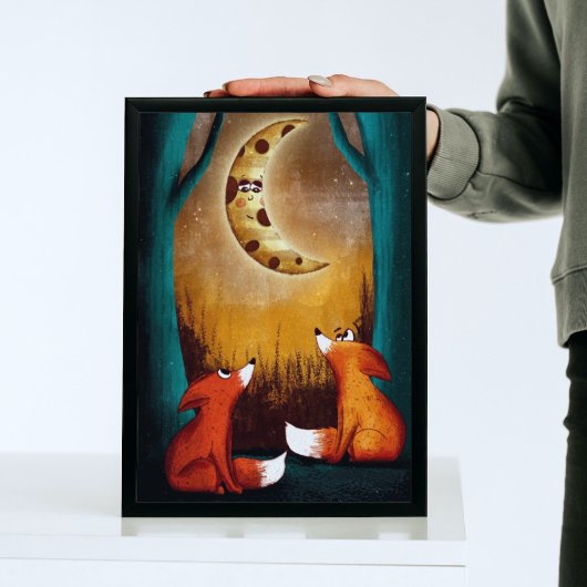 Poster Cute Moon Night Forest Foxes Nature Kids Nursery