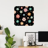 Poster Cute Multicolour Flower Pattern On Black (Bureau à domicile)
