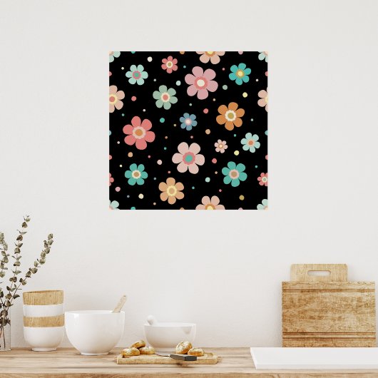 Poster Cute Multicolour Flower Pattern On Black (Cuisine)