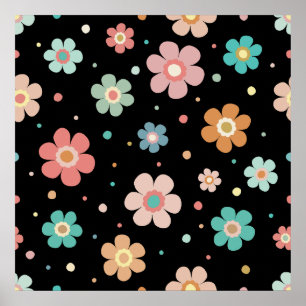Poster Cute Multicolour Flower Pattern On Black