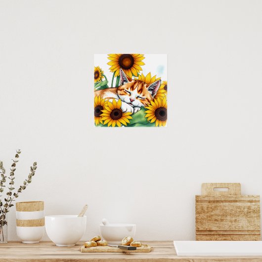Poster Cute Napping Kitten and Sunflowers (Cuisine)