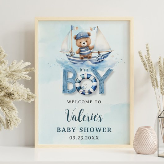 Poster Cute Nautical Blue Boat Teddy Bear Boat Baby showe