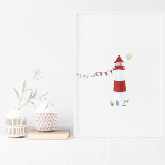 Poster Cute Nautical Lighthouse Beach And Balloon Nursery