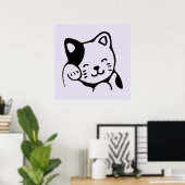 Poster Cute noir et blanc Kitty Chat Waving Bonjour (Bureau à domicile)