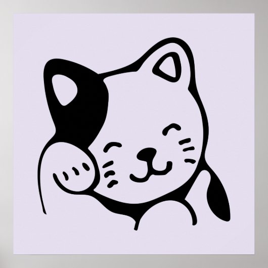 Poster Cute noir et blanc Kitty Chat Waving Bonjour (Devant)