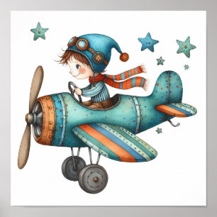 Poster Cute Nursery Art Enfant Voler Vieux Avion