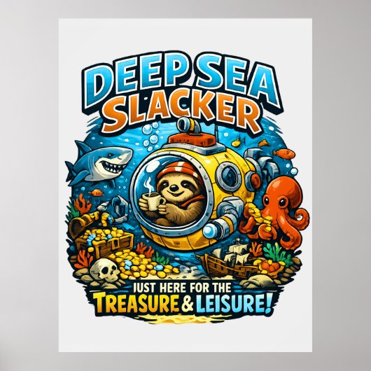 Poster Cute Ocean Adventure Humor, Funny Sloth Diving art (Devant)