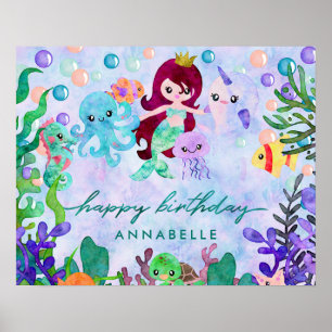 Poster Cute Ocean Animals Mermaid Thème Joyeux Anniversai