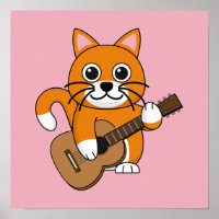 Cute Orange Chat Blanc Jouer Caricature Guitare