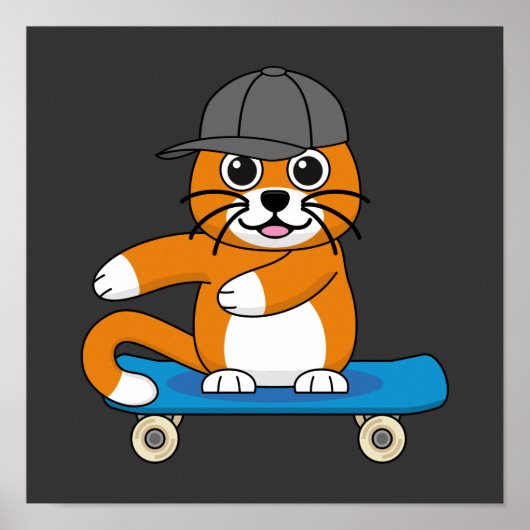 Poster Cute Orange Chat sur Skateboard Cartoon (Devant)