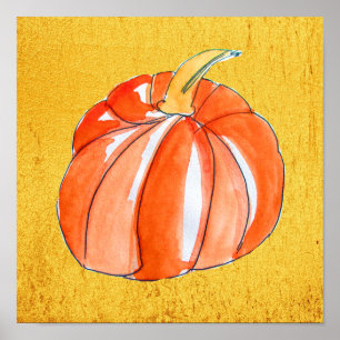 Poster Cute orange citrouille doré d'automne cuisine art