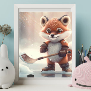 Poster Cute Orange Fox jouant au hockey sur glace Art Nur