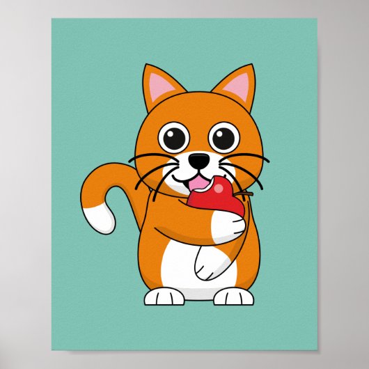 Poster Cute Orange White Cat Eating Red Apple Cartoon (Devant)
