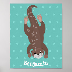 Poster Cute otter diving on teal cartoon illustration