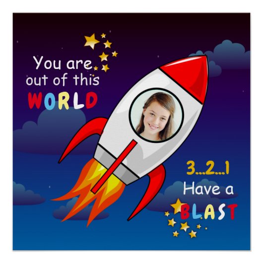 Poster Cute Outer Space Rocket Ship Blast Off Birthday (Devant)
